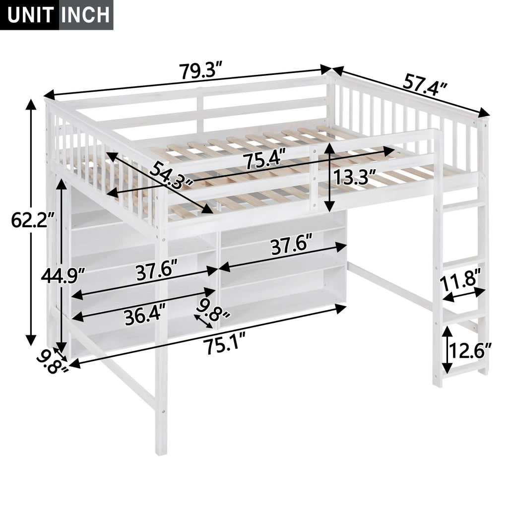 Wood Full Size Loft Bed with 8 Open Storage Shelves and Built-in Bookcase, White U209714