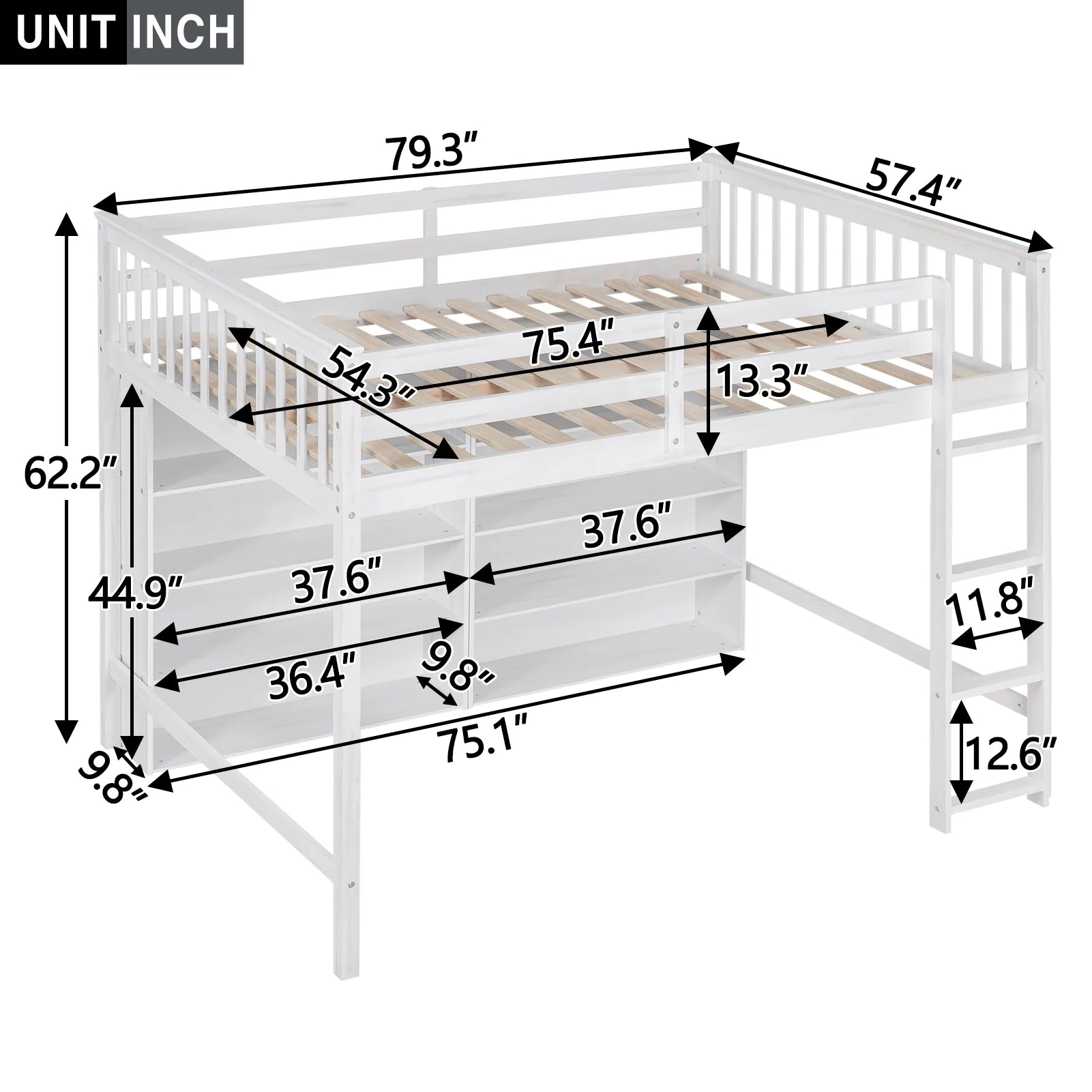 Wood Full Size Loft Bed with 8 Open Storage Shelves and Built-in Bookcase, White U209714