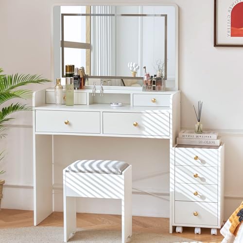 Vanity Desk with Mirror and Lights, Makeup Table with Drawers and Stool B20199