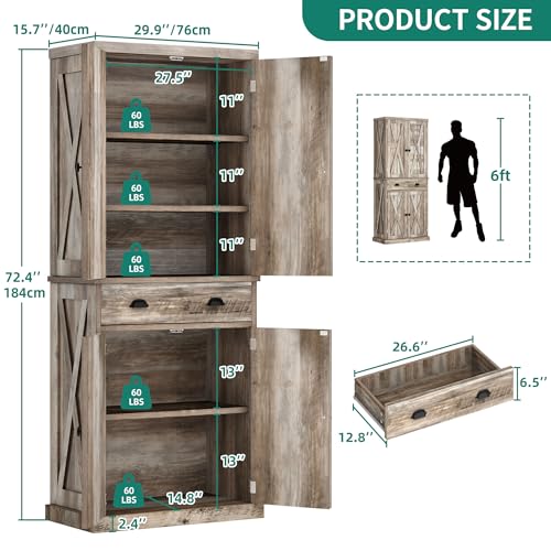 72" Tall Kitchen Pantry Cabinet with Barn Doors and Adjustable Shelves R388