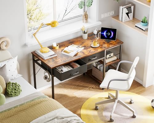 Small Computer Desk with Drawers & Power Outlet for Bedroom, Home Office M131