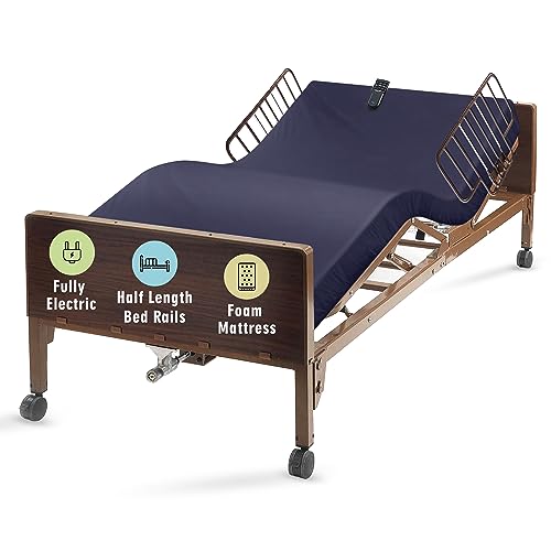 Full Electric Hospital Bed with Premium Mattress and Rails Included - for Home Care Medical Facilities - Fully Adjustable, Hand Pendant - 80" x 36" (80" x 36" Standard with Half Rails, Foam Mattress)