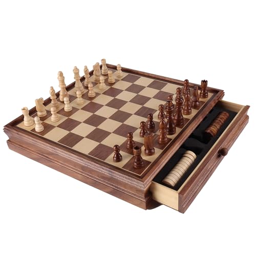 GSE Games & Sports Expert 16" Deluxe 3-in-1 Wooden Folding Chess, Checker & Backgammon Board Game Combo Set, Portable Travel Game Set for Kids & Adults