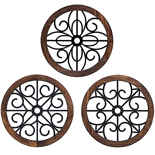 Mkono Thickened Wall Decor 3 Pack Rustic Round Wall Art Geometric Scrolled Metal with Wooden Frame Farmhouse Hanging Decoration for Living Room Hallway Bedroom, Small Size 9.7” x 9.7”
