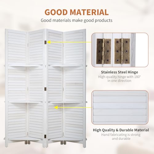 Room Divider 4 Panel Folding Wood 5.6 Ft Tall Privacy Screen with Three Shelves Y8638