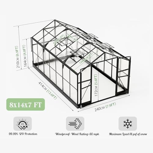 8x12 FT Polycarbonate Walk-in Greenhouse with 2 Swing Doors A36734