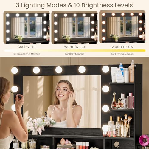 White Vanity Desk with Mirror and Lights and Storage Drawer M5848