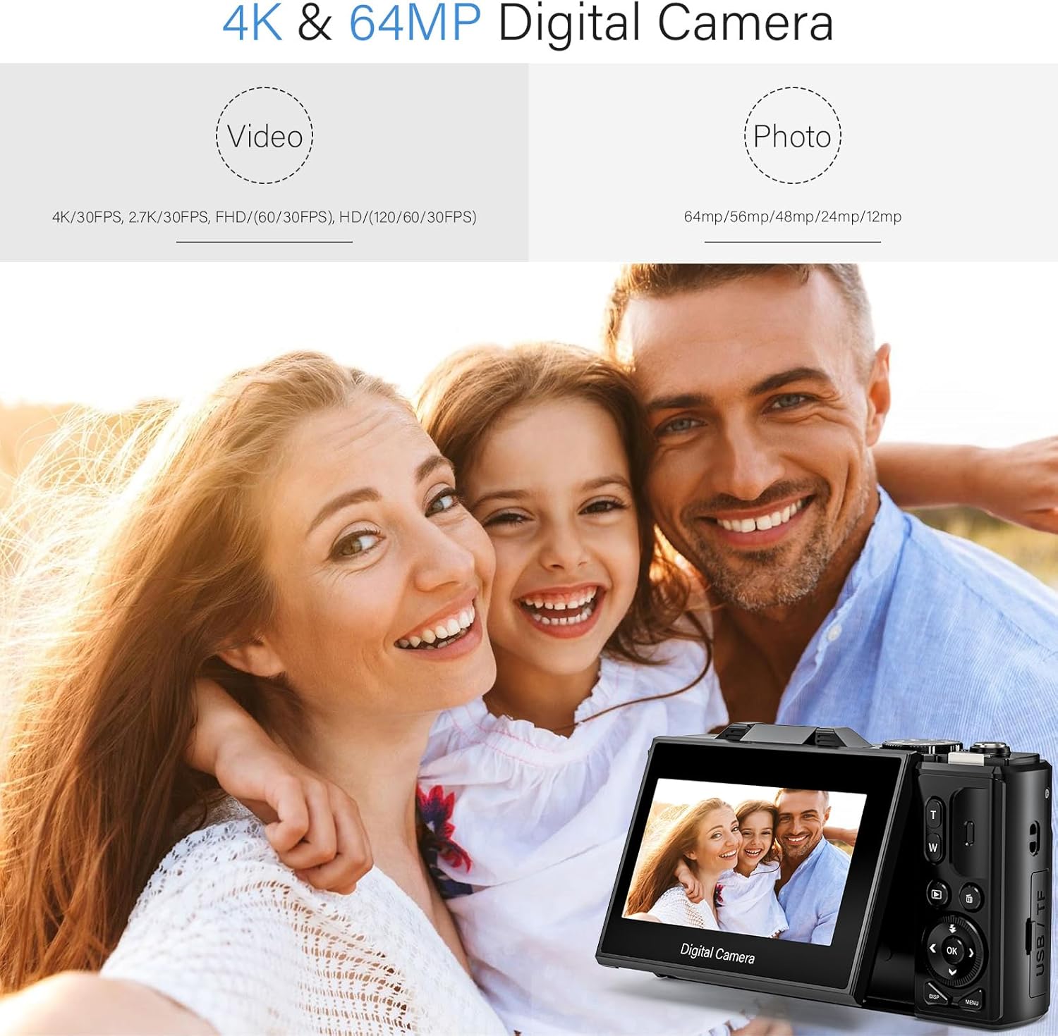 4K Digital Camera for Photography, 64MP Vlogging with 18X Zoom and Flip Screen K331304