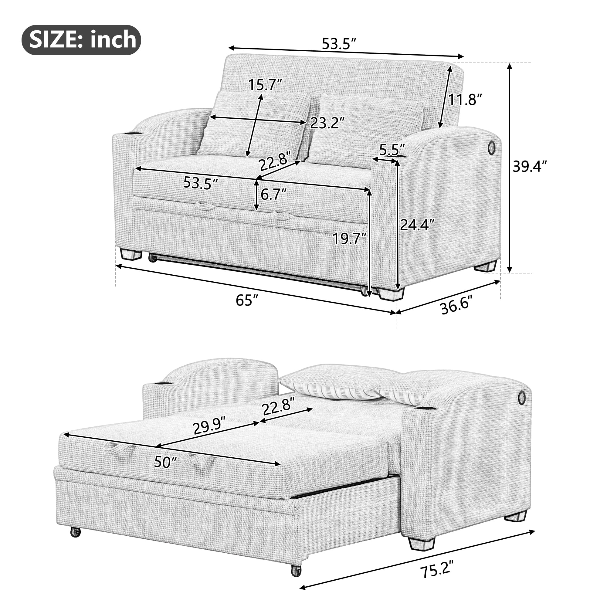 65" Pull Out Sofa Bed Chenille Convertible Loveseat with Adjustable Backrest W33639