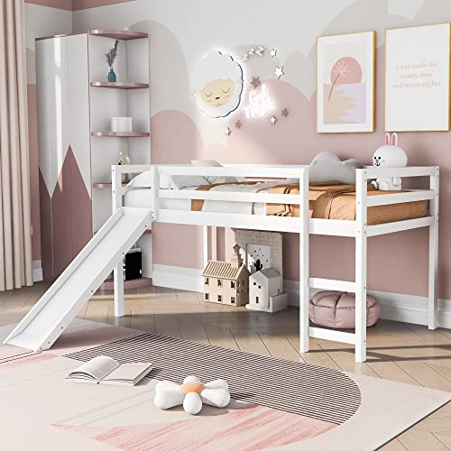 Wood House Loft Bed Frame with Slide and Storage Shelves Z806