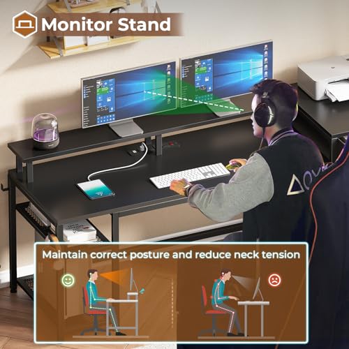 Office Desk with Drawers, Reversible Computer Desk with Storage, LED Lights & Power Outlet, Rustic Brown X65554