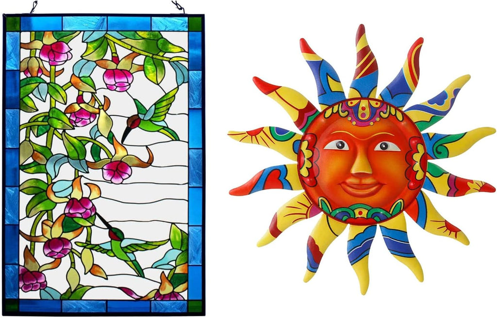 VEWOGARDEN Hummingbird Stained Glass Window Hangings, Suncatcher Panel with Chain + 12.7 Inches Metal Sun Wall Art Decor Hanging