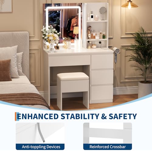 Vanity Desk with Mirror and Lights, 4 Drawers and Storage Stool D711