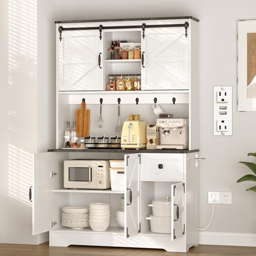 Kitchen Pantry Cabinet with Charging Station and Microwave Stand, White A481