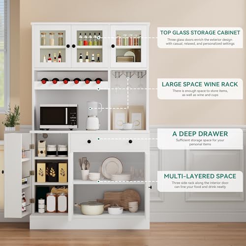 Kitchen Pantry Cabinet with Wine Rack & Power Outlet, 71" H Tall Storage Cabinet with Doors and Shelves W56221