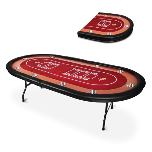 Premium 84" Poker Table Foldable with Chips Tray, 10 Player Oval Folding Portable Texas Holdem Table with Cushioned Rail & Stainless Steel Cup Holders, Green Felt Surface