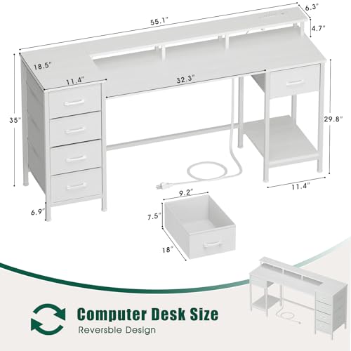 47 Inch Computer Gaming Desk with Power Outlets LED Lights and Storage Drawers I77165