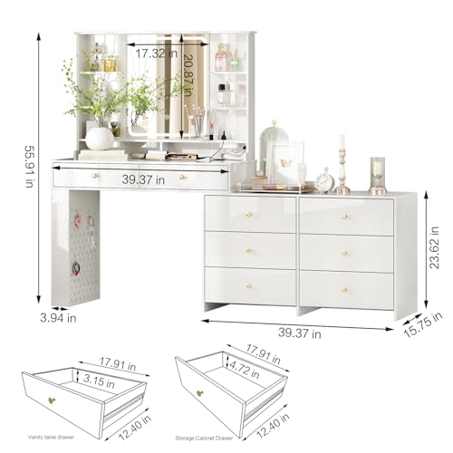 Large Makeup Vanity Desk with Mirror and Lights, 8 Drawers, Power Outlet B666