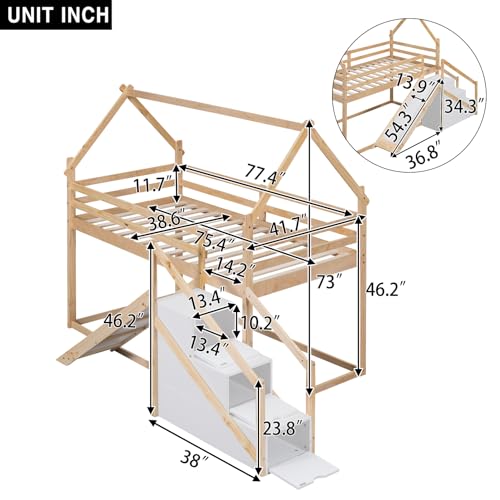 Wood House Loft Bed Frame with Slide and Storage Shelves Z806