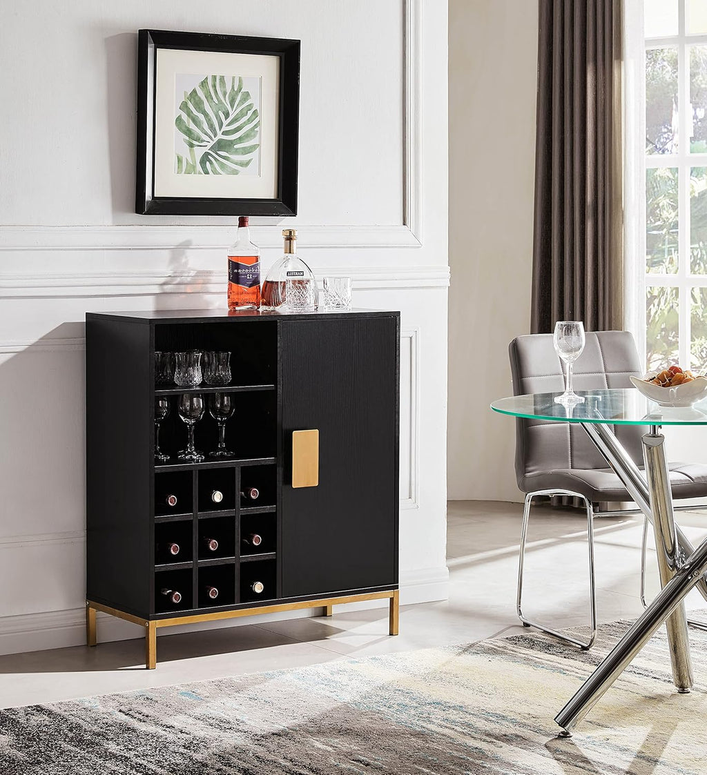 KB Designs – Black/Gold Wood Buffet Bar Liquor Cabinet with Wine Rack Storage and Glass Holder