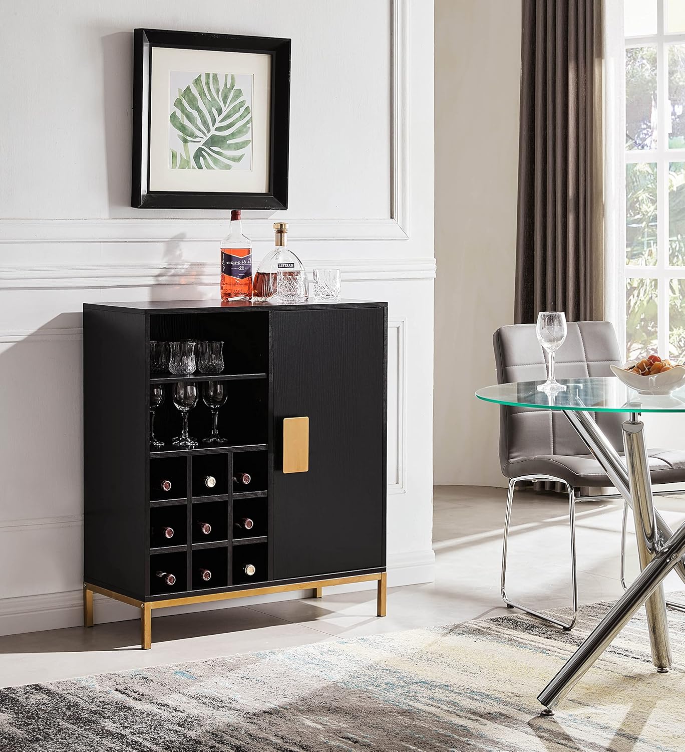 KB Designs – Black/Gold Wood Buffet Bar Liquor Cabinet with Wine Rack Storage and Glass Holder