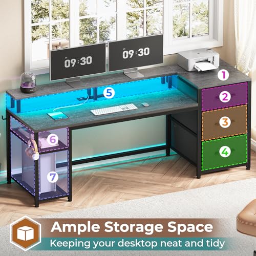 Office Desk with Drawers, Reversible Computer Desk with Storage, LED Lights & Power Outlet, Rustic Brown X65554