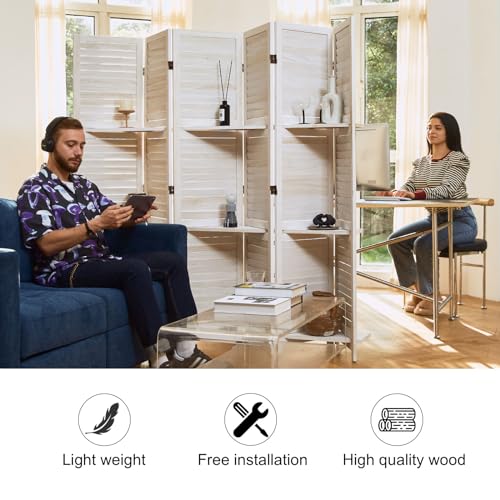 Folding Room Divider with Shelves, 6 Panels, Brown D785582