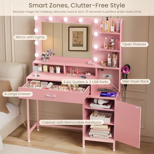 White Vanity Desk with Mirror and Lights and Storage Drawer M5848