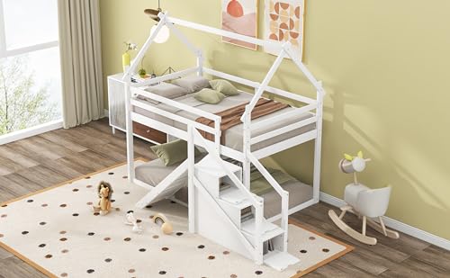 Wood House Loft Bed Frame with Slide and Storage Shelves Z806