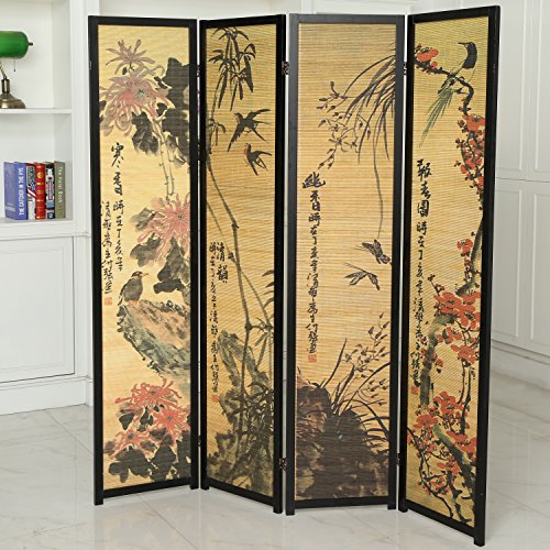 4-Panel Folding Bamboo Room Divider with Cherry Blossom Scene B61114