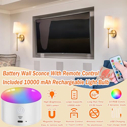 Battery Operated Wall Sconce Set of Two with Remote Control, Dimmable, Fabric Linen Shade Z5768