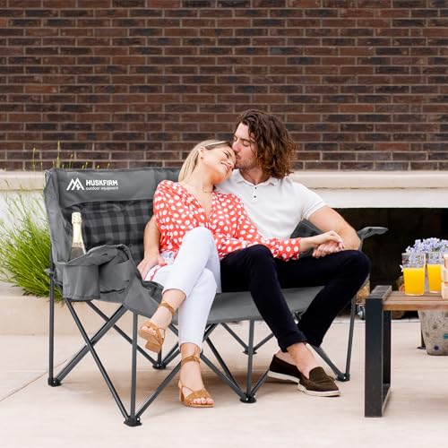 Padded Double Camping Chair for 2 Person with Cup Holders, Grey Y59052