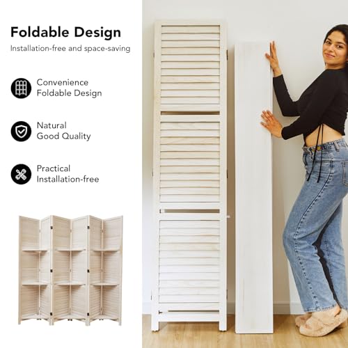 Folding Room Divider with Shelves, 6 Panels, Brown D785582