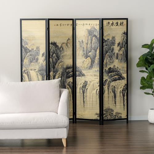 4-Panel Folding Bamboo Room Divider with Cherry Blossom Scene B61114