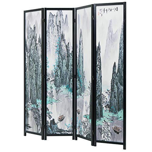 4-Panel Folding Bamboo Room Divider with Cherry Blossom Scene B61114