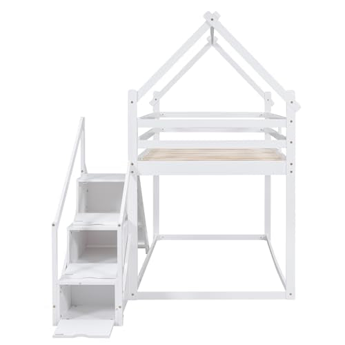 Wood House Loft Bed Frame with Slide and Storage Shelves Z806