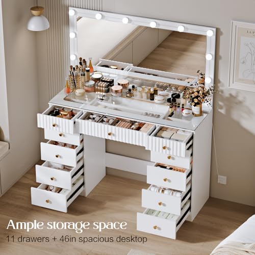Makeup Vanity Desk with Mirror and Lights, Glass Top, 9 Drawers M5813