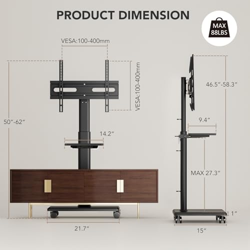 Rolling Floor TV Stand with Wheels, Height Adjustable for 27-65 Inch TVs B690
