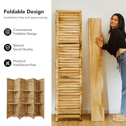 Folding Room Divider with Shelves, 6 Panels, Brown D785582