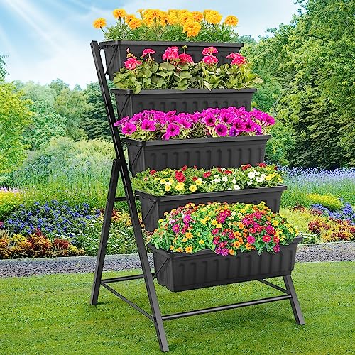 Homdox 5-Tier Elevated Garden Bed- Freestanding Vertical Raised Bed for Gardening with 5 Garden Planter Boxes- Perfect to Grow Vegetables Herbs Flowers Indoor(Black)