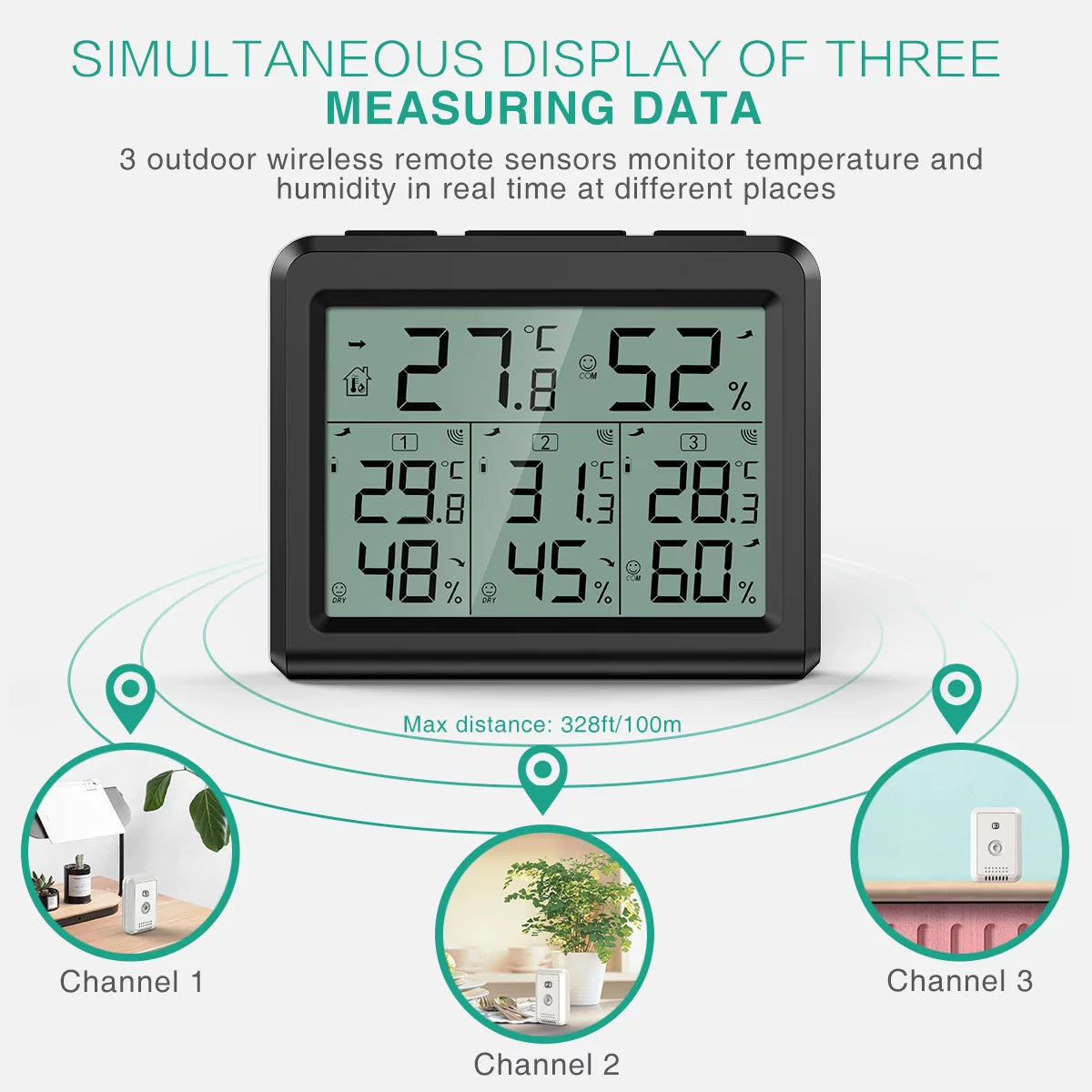 Indoor Outdoor Thermometer with 3 Wireless Sensors, Black F208786