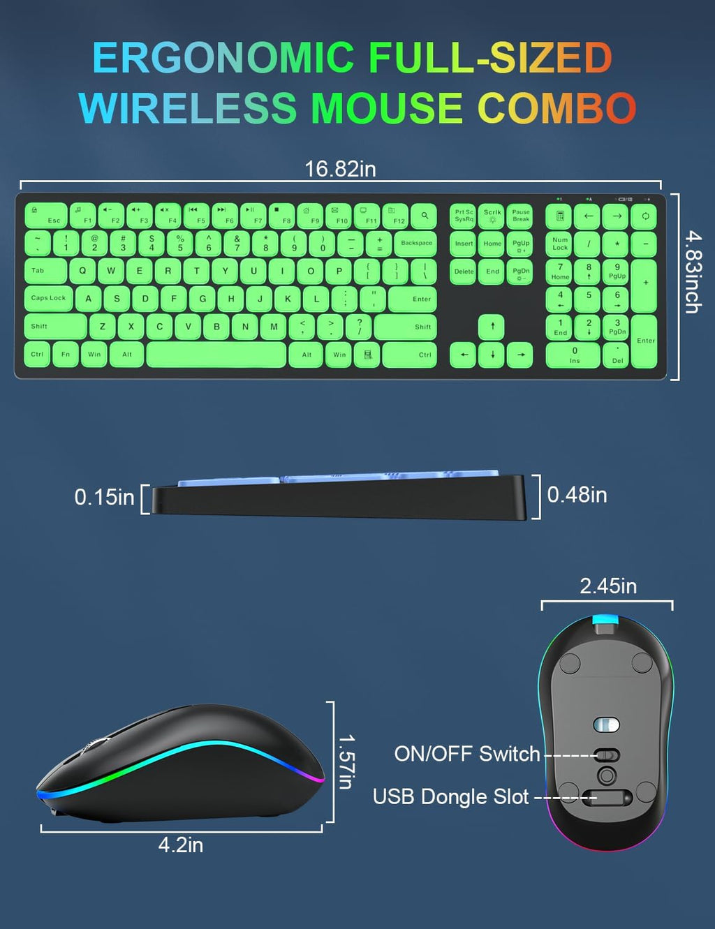 Wireless Keyboard and Mouse Combo with RGB Backlit, Rechargeable, Slim Design R51228