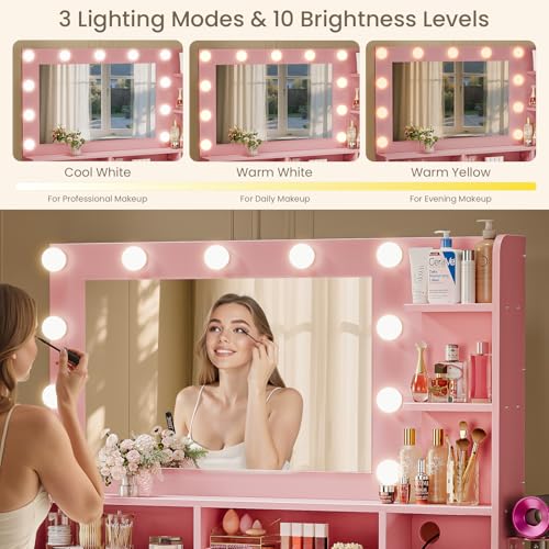 White Vanity Desk with Mirror and Lights and Storage Drawer M5848