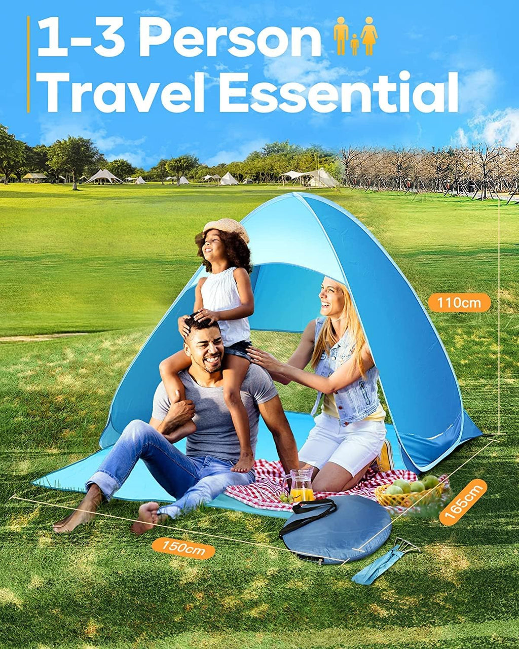 Pop Up Beach Tent, UPF 50+, 1-3 Person, Waterproof, with Carry Bag A798699