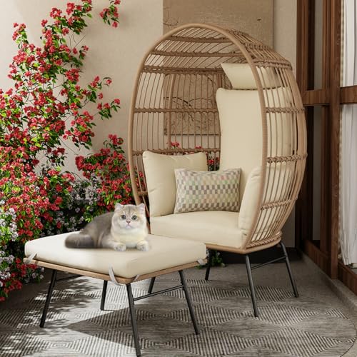 Wicker Egg Chair with Cushions and Ottoman L257