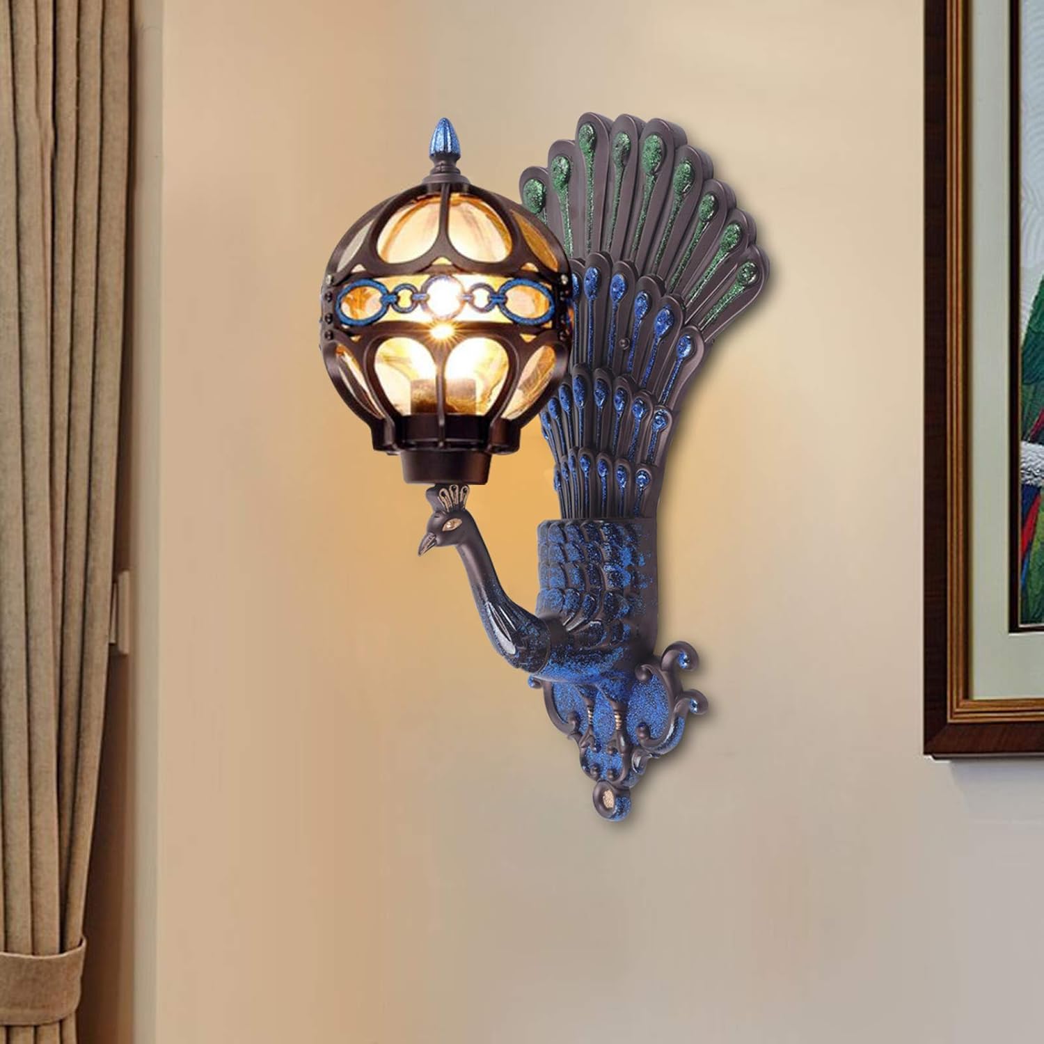 Peacock Wall Light Sconces, Metal and Glass Stained LED Antique Wall Lamp X6540