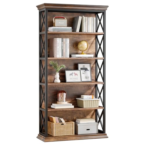 6-Tier Industrial Bookcase, 71 Inches Tall, Floor Standing Storage Shelves for Home Office, Brown and Black V7912