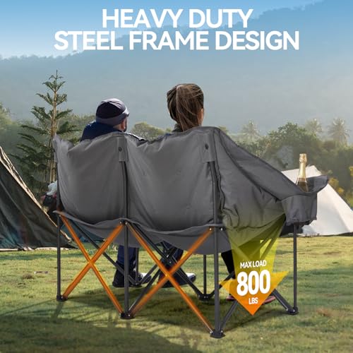 Padded Double Camping Chair for 2 Person with Cup Holders, Grey Y59052