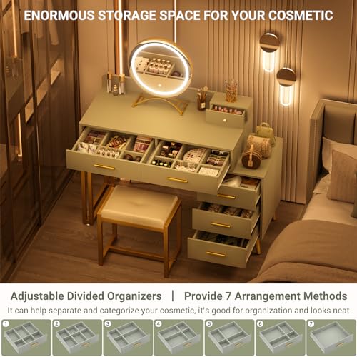 White Vanity Desk with Mirror and Lights, 6 Drawers and Stool Z334
