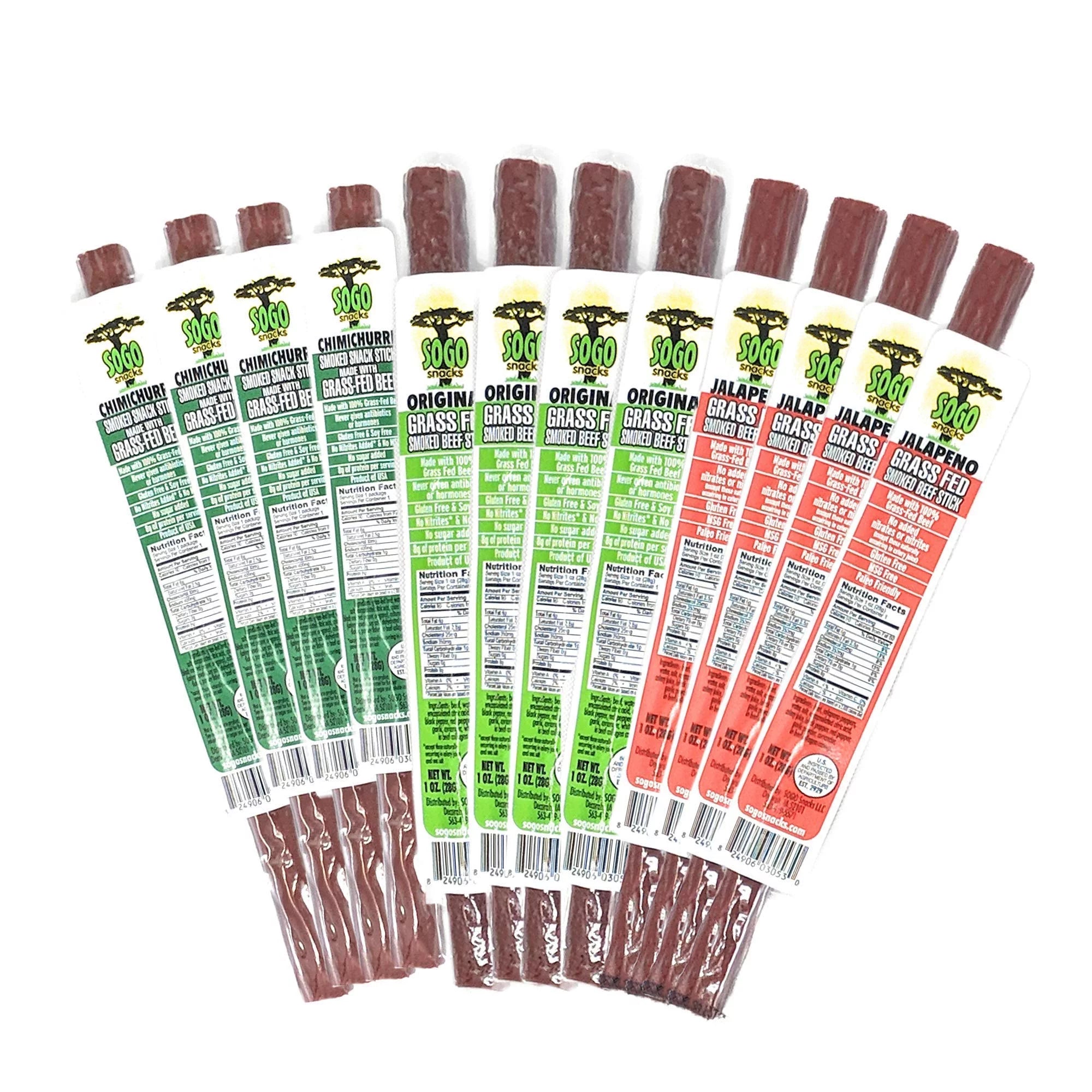Sogo Snacks No Sugar, 100% Grass-fed, Non-GMO Beef Sticks Variety Pack. Paleo, Whole30 & Keto Friendly. Nitrate, MSG, Gluten, & Soy Free. (4 Original, 4 Chimichurri, 4 Jalapeno, 12-Count, 1-oz)